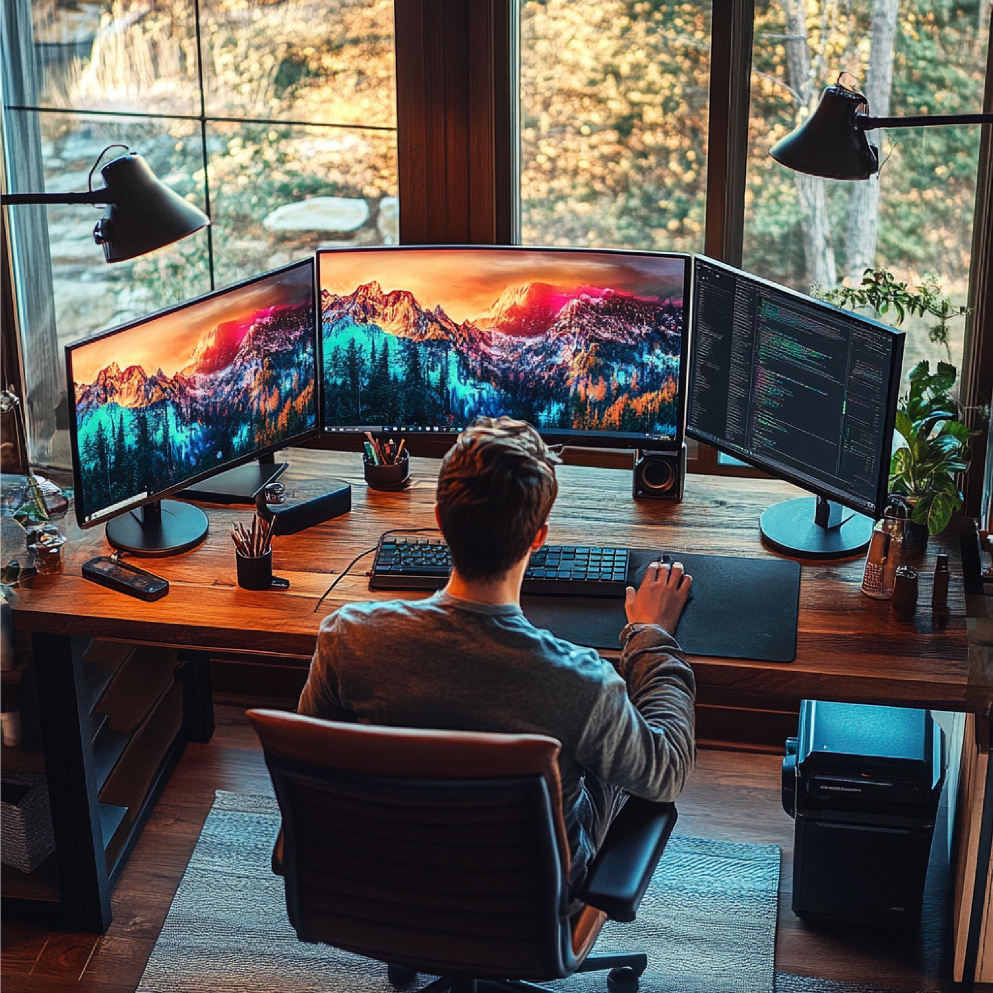 Developer adjusting game settings on monitor
